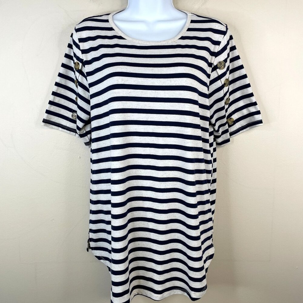89th & Madison Womens Coastal Linen Blend Tunic Top Size L‎ Blue Preppy Neutral